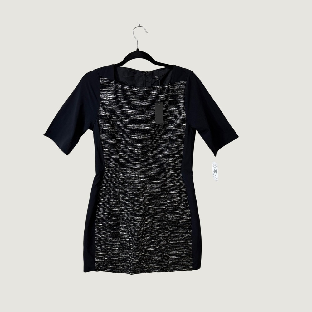 Tibi Sheath Dress Black Cream Tweed Short Sleeve Size 8 Preppy Professional
